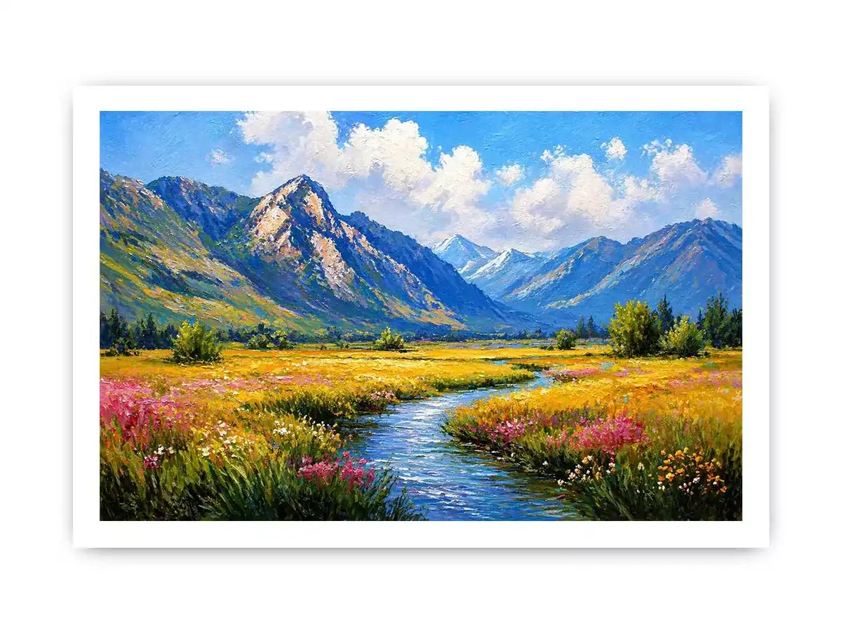 impressionist mountain meadow river landscape wall art canvas serene nature painting