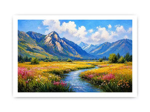 impressionist mountain meadow river landscape Canvas Print canvas serene nature painting