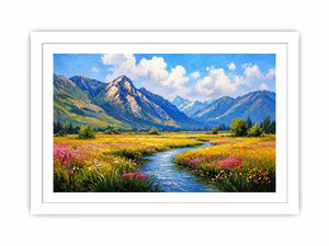 impressionist mountain meadow river landscape Canvas Print canvas serene nature painting