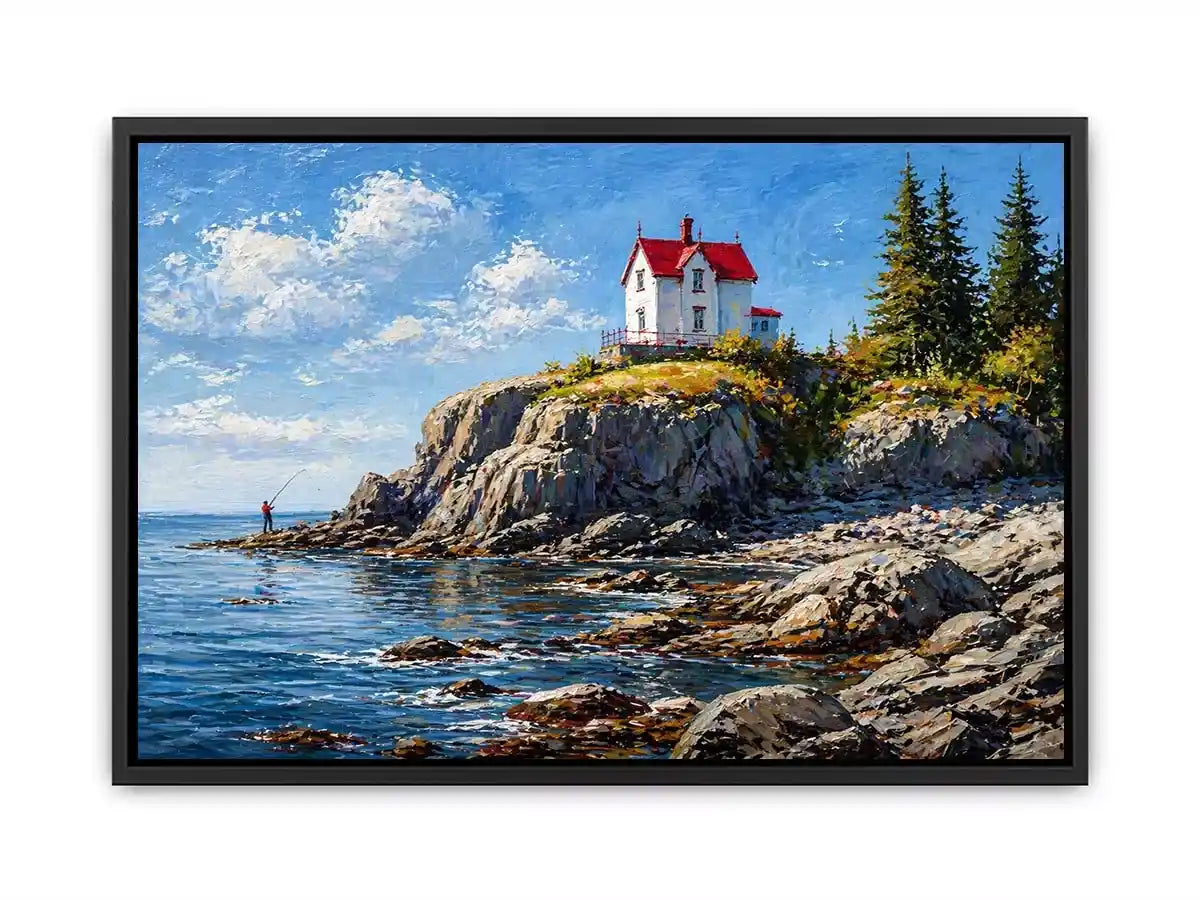 coastal lighthouse house Canvas Print canvas ocean cliff landscape serene painting