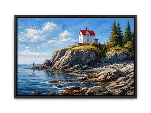 coastal lighthouse house Canvas Print canvas ocean cliff landscape serene painting