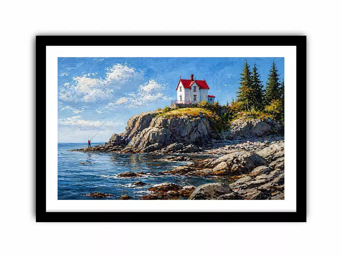 coastal lighthouse house Canvas Print canvas ocean cliff landscape serene painting