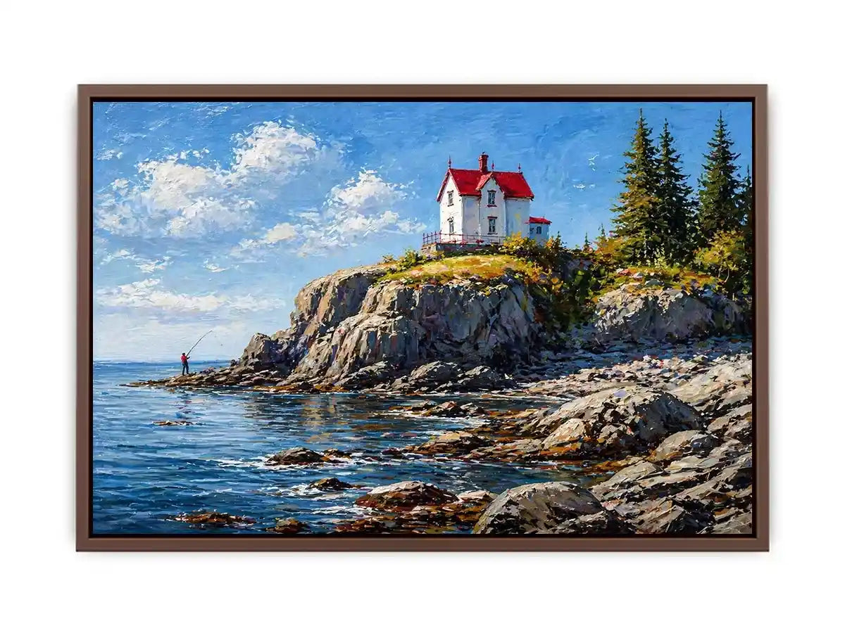 coastal lighthouse house Canvas Print canvas ocean cliff landscape serene painting