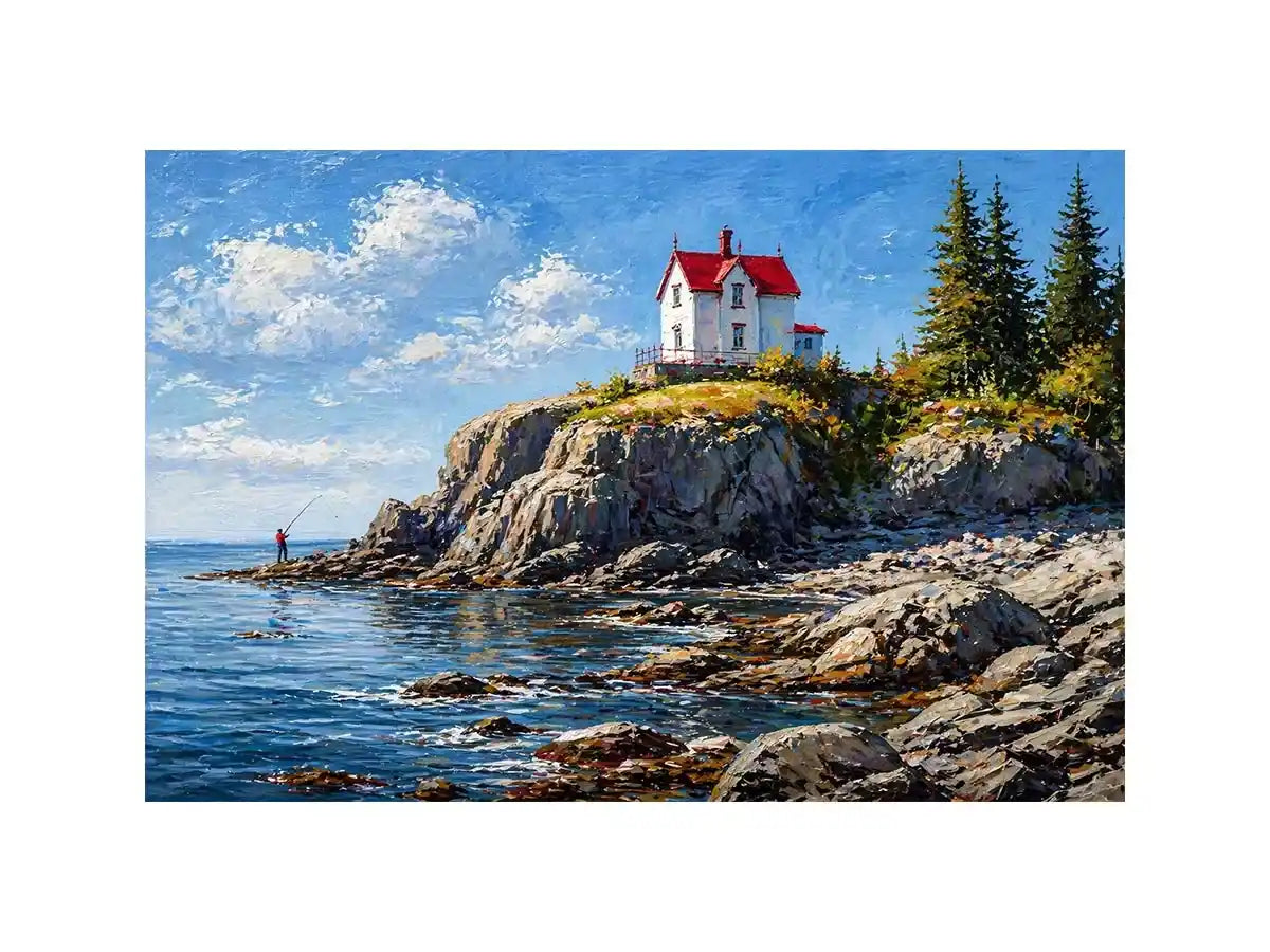 coastal lighthouse house Canvas Print canvas ocean cliff landscape serene painting