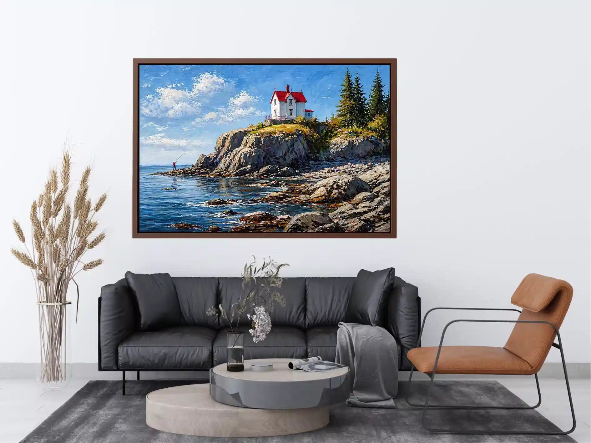 coastal lighthouse house Canvas Print canvas ocean cliff landscape serene painting