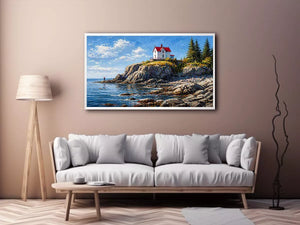 coastal lighthouse house Canvas Print canvas ocean cliff landscape serene painting