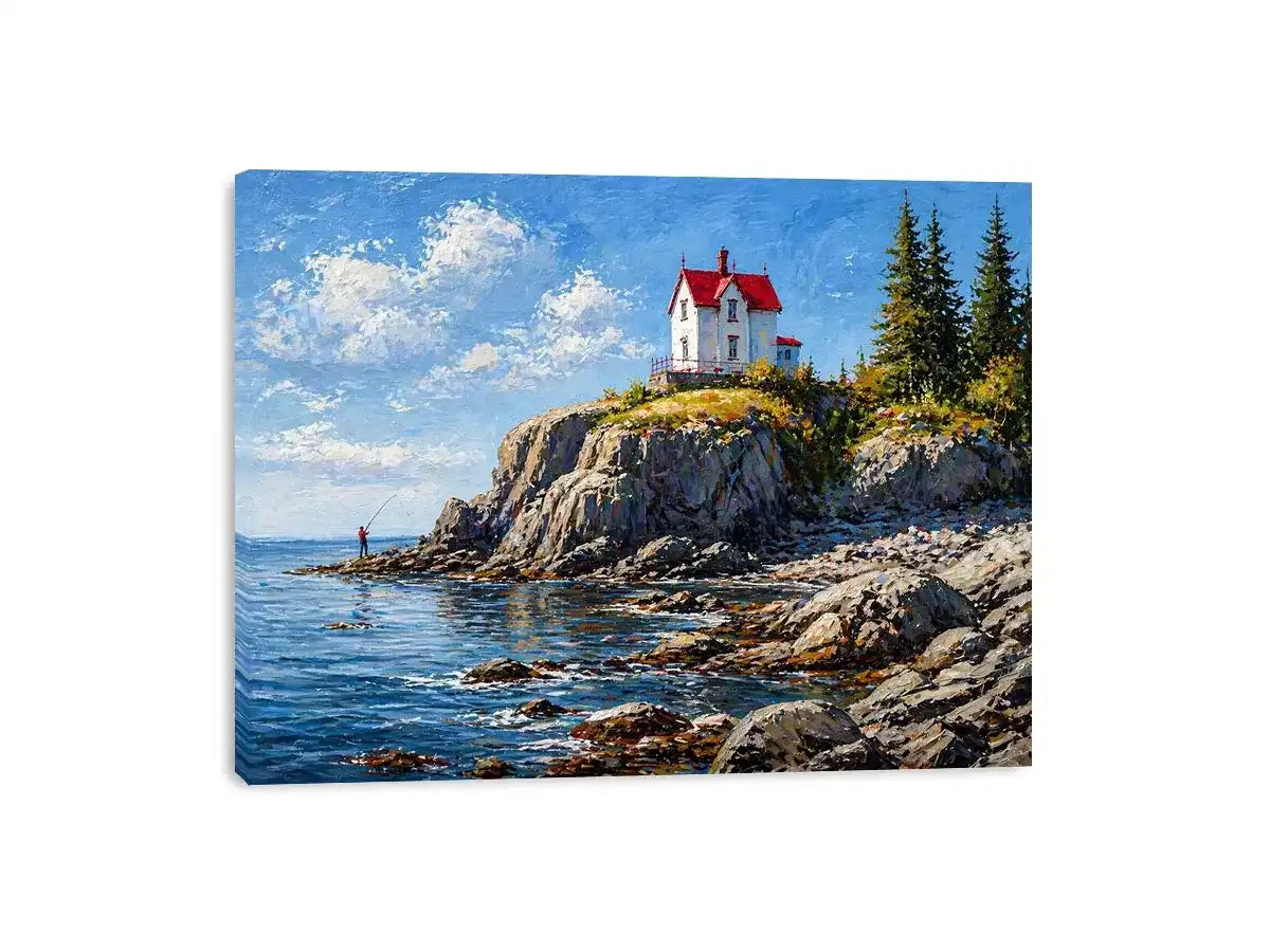 coastal lighthouse house Canvas Print canvas ocean cliff landscape serene painting