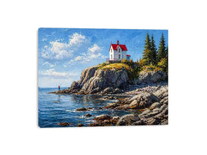 coastal lighthouse house Canvas Print canvas ocean cliff landscape serene painting