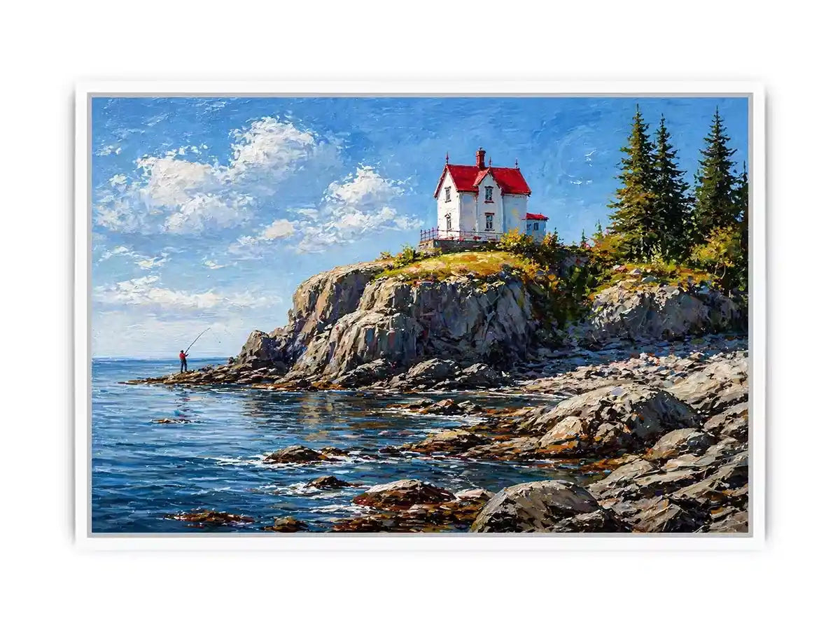 coastal lighthouse house Canvas Print canvas ocean cliff landscape serene painting