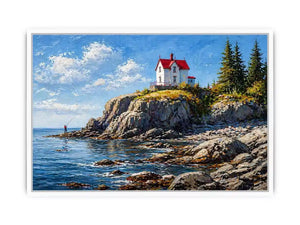 coastal lighthouse house Canvas Print canvas ocean cliff landscape serene painting