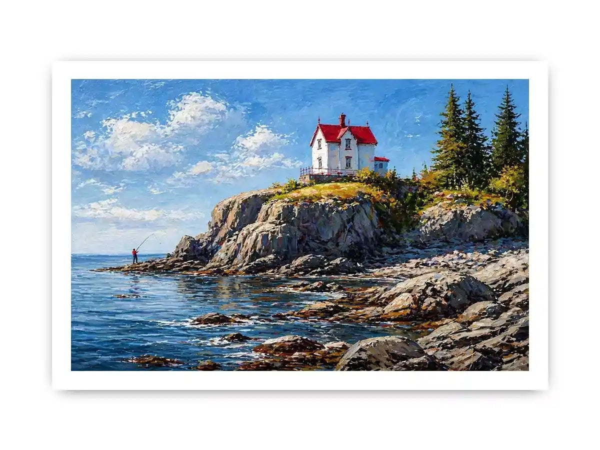 coastal lighthouse house Canvas Print canvas ocean cliff landscape serene painting
