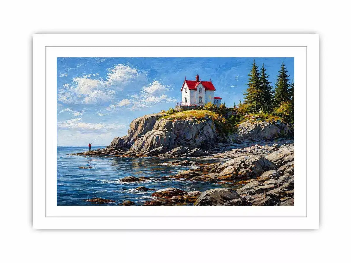 coastal lighthouse house Canvas Print canvas ocean cliff landscape serene painting