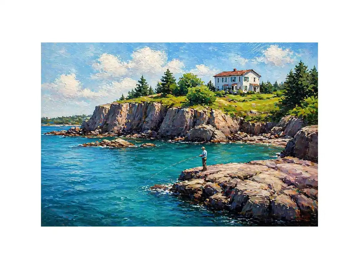 coastal fishing scene Canvas Print canvas turquoise ocean cliff landscape painting