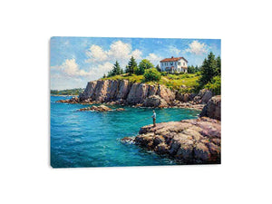 coastal fishing scene Canvas Print canvas turquoise ocean cliff landscape painting