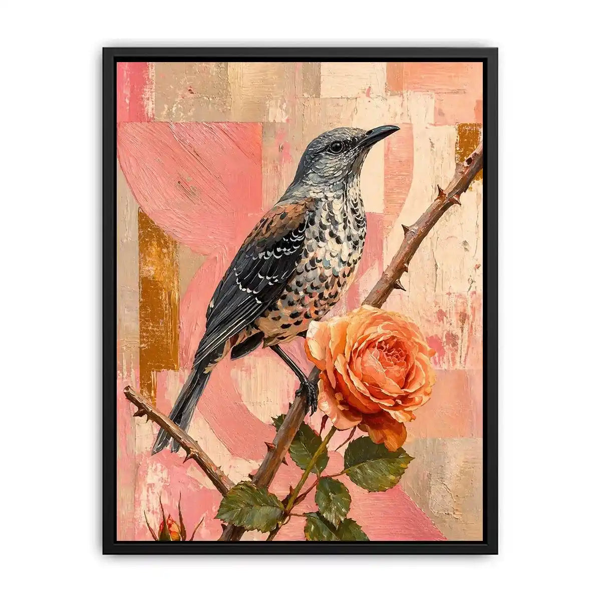 modern bird and rose Canvas Print canvas floral botanical painting pink decor