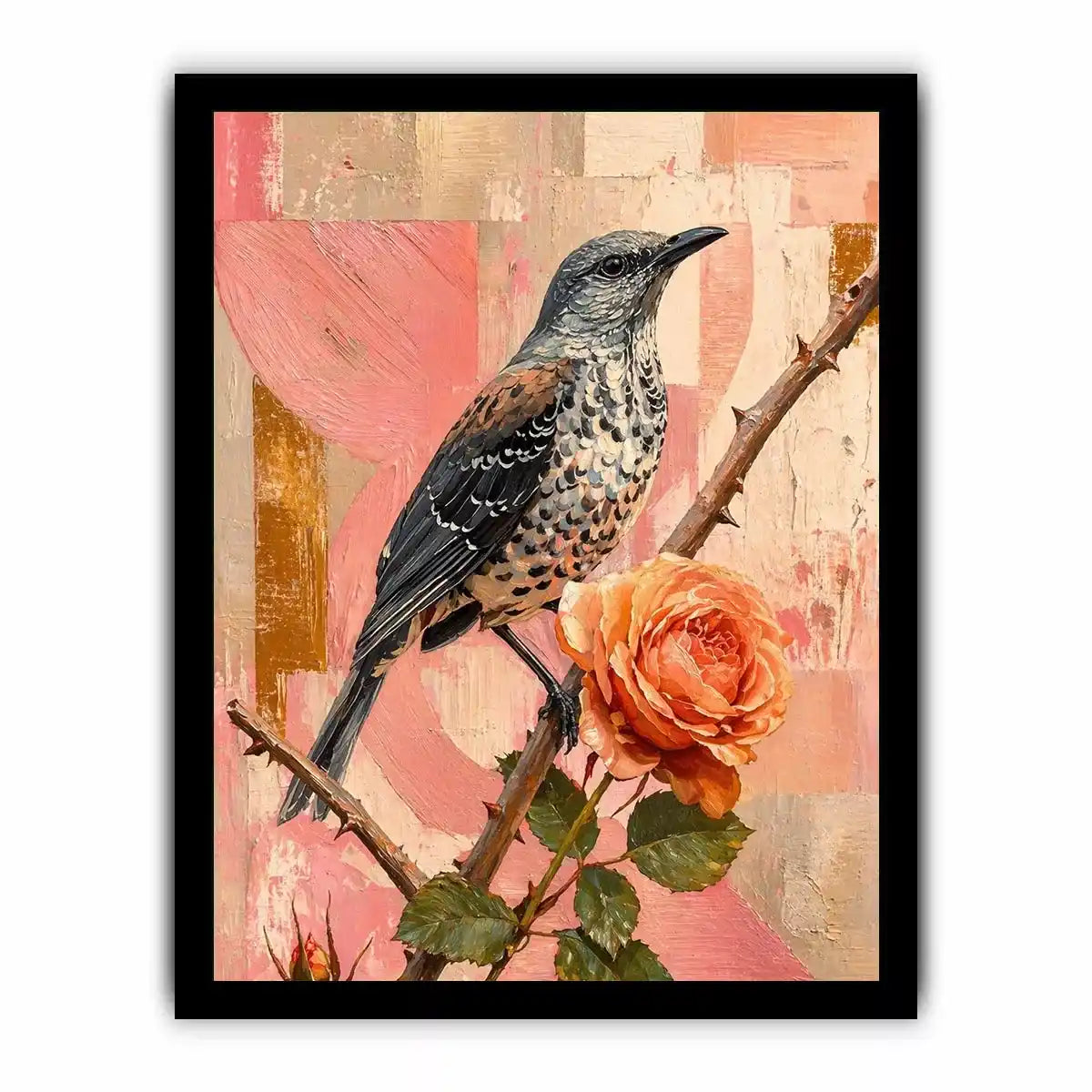 modern bird and rose Canvas Print canvas floral botanical painting pink decor
