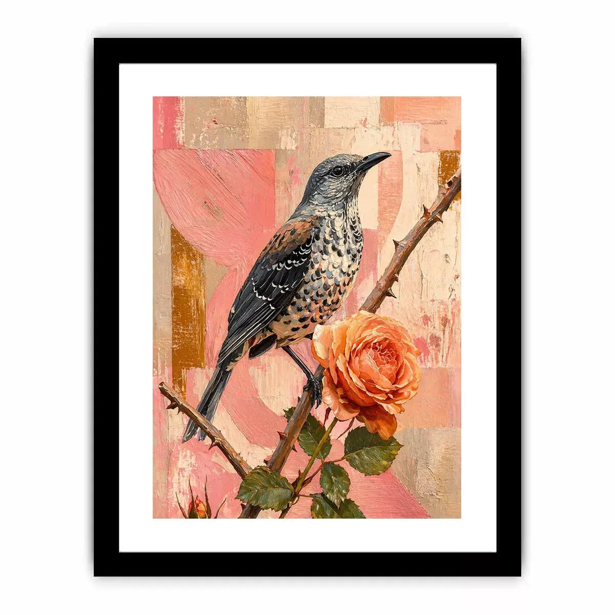 modern bird and rose Canvas Print canvas floral botanical painting pink decor