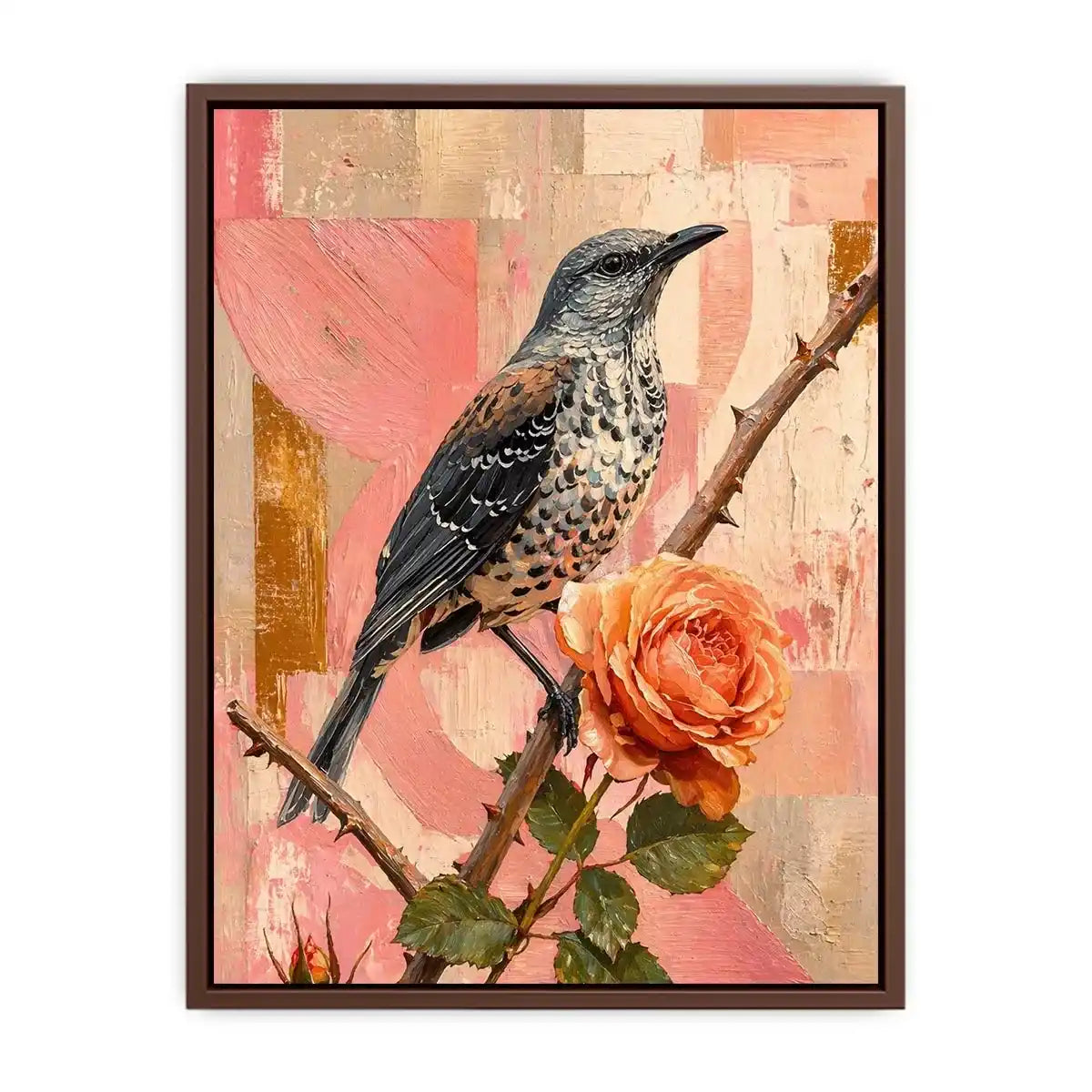 modern bird and rose Canvas Print canvas floral botanical painting pink decor