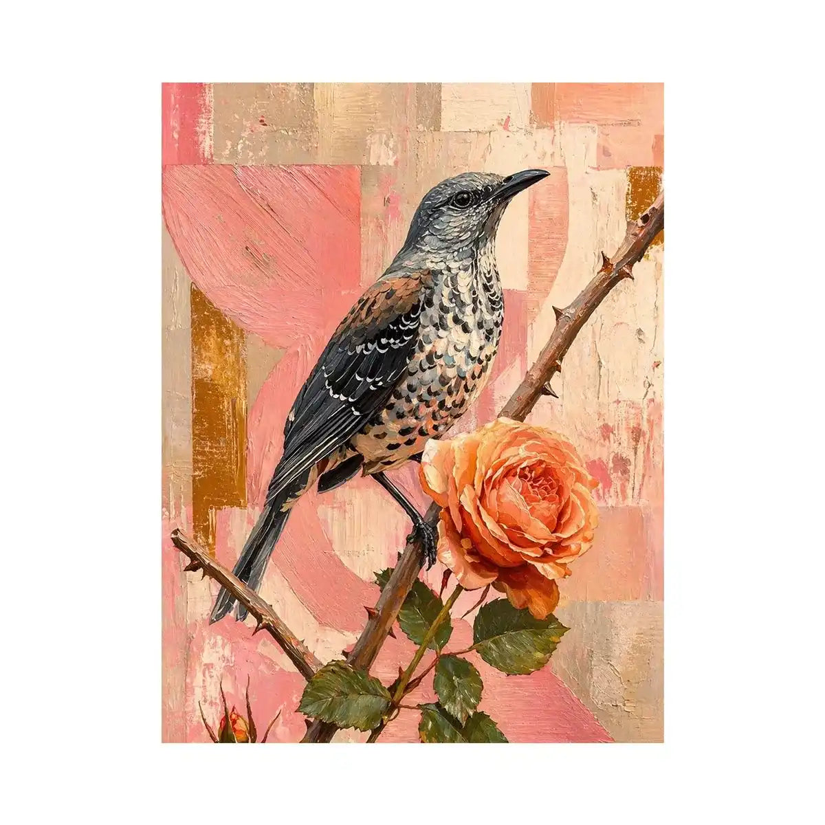 modern bird and rose Canvas Print canvas floral botanical painting pink decor