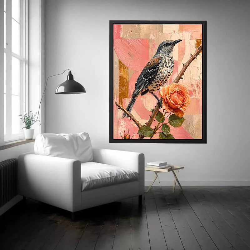 modern bird and rose Canvas Print canvas floral botanical painting pink decor