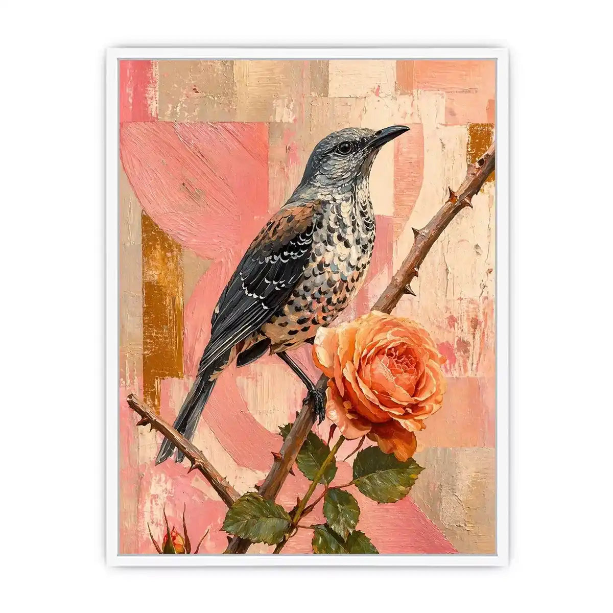 modern bird and rose Canvas Print canvas floral botanical painting pink decor