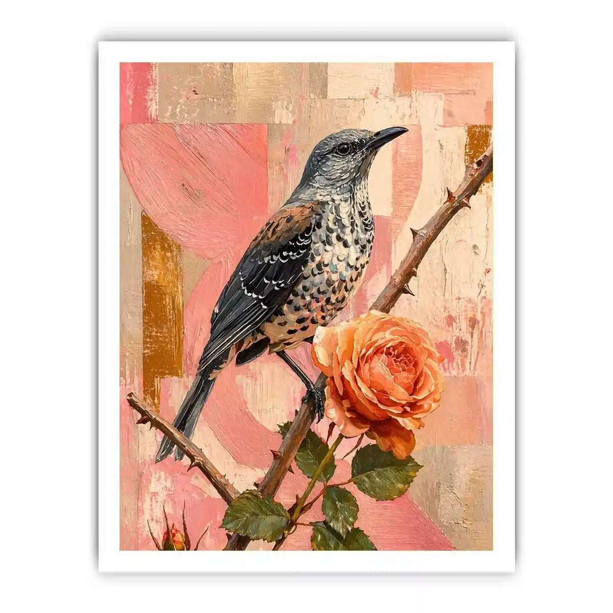 modern bird and rose Canvas Print canvas floral botanical painting pink decor