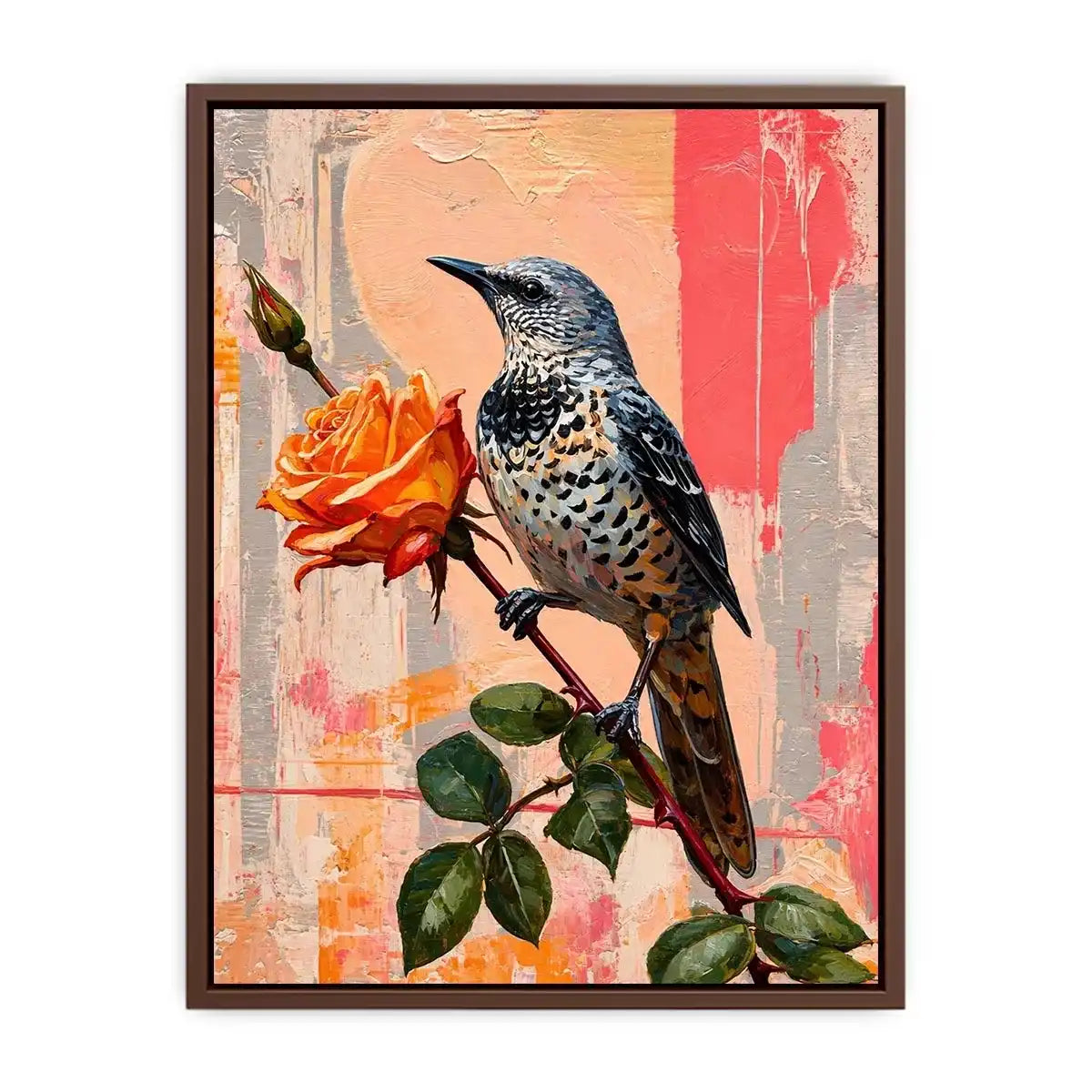 bird and rose Canvas Print canvas floral botanical painting modern peach decor
