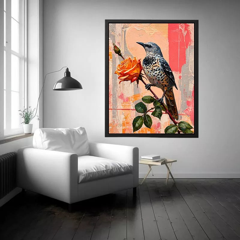 bird and rose Canvas Print canvas floral botanical painting modern peach decor