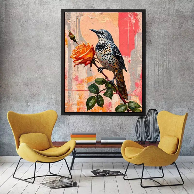 bird and rose Canvas Print canvas floral botanical painting modern peach decor