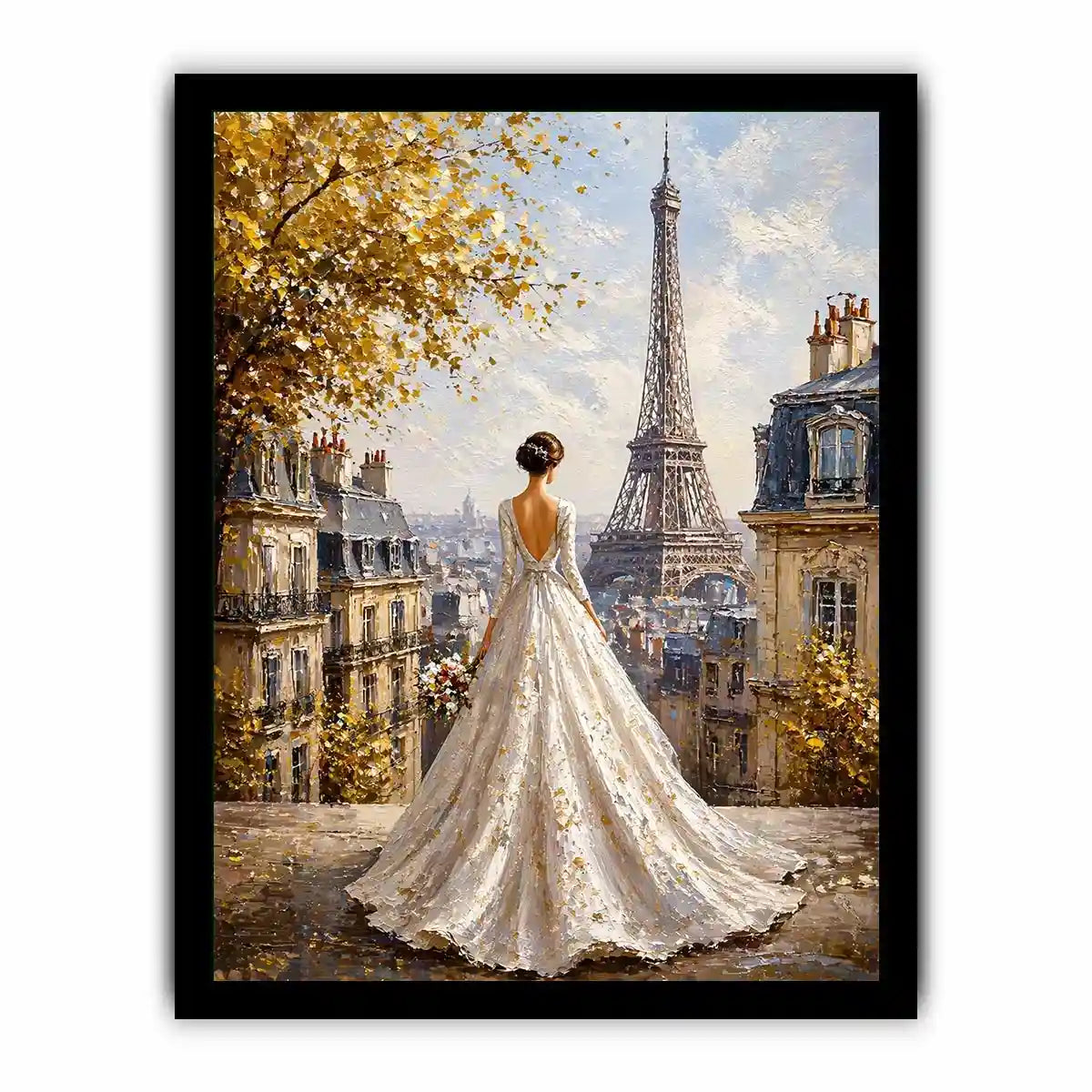 Elegant Paris bride painting with Eiffel Tower view, romantic France Canvas Print