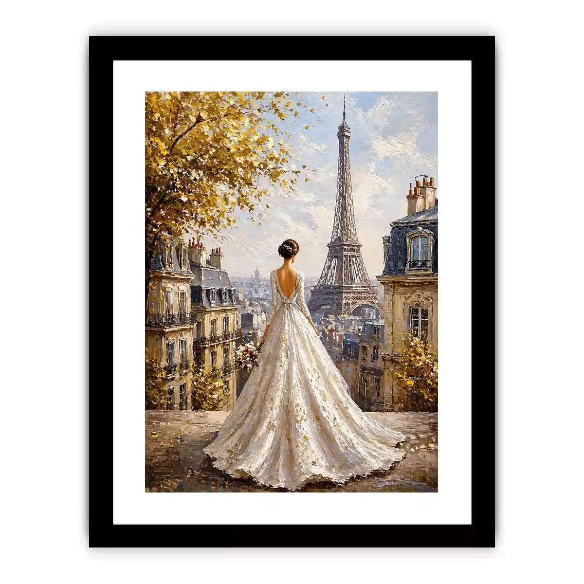 Elegant Paris bride painting with Eiffel Tower view, romantic France Canvas Print