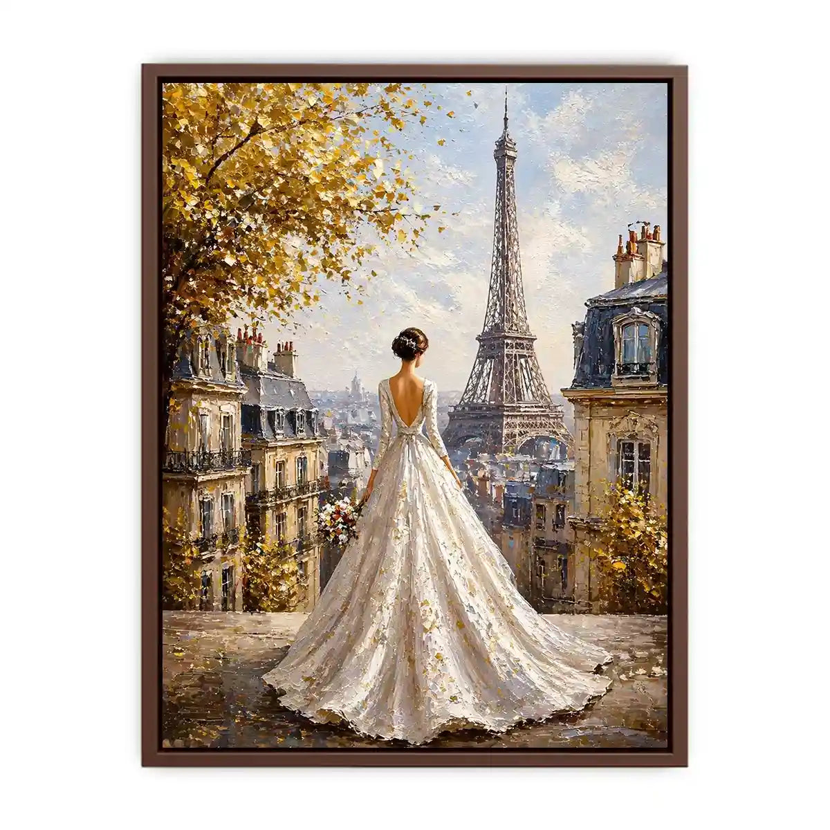 Elegant Paris bride painting with Eiffel Tower view, romantic France Canvas Print