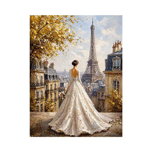 Elegant Paris bride painting with Eiffel Tower view, romantic France Canvas Print