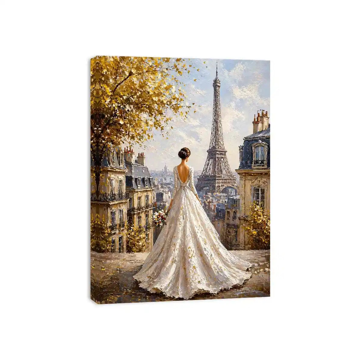 Elegant Paris bride painting with Eiffel Tower view, romantic France Canvas Print