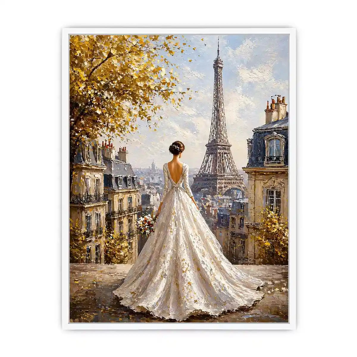 Elegant Paris bride painting with Eiffel Tower view, romantic France Canvas Print