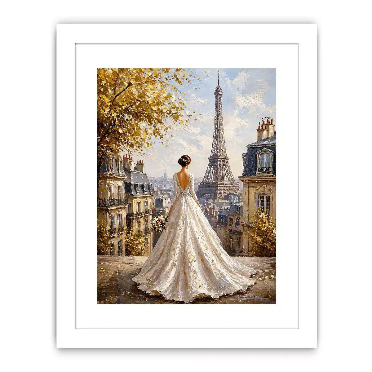 Elegant Paris bride painting with Eiffel Tower view, romantic France Canvas Print