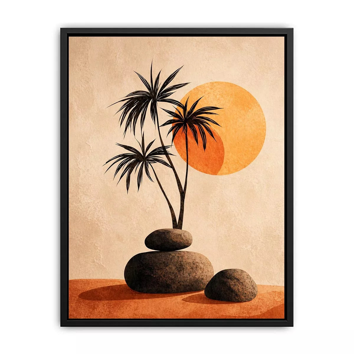 Minimalist desert sunset Canvas Print with palm trees and stones, boho neutral decor