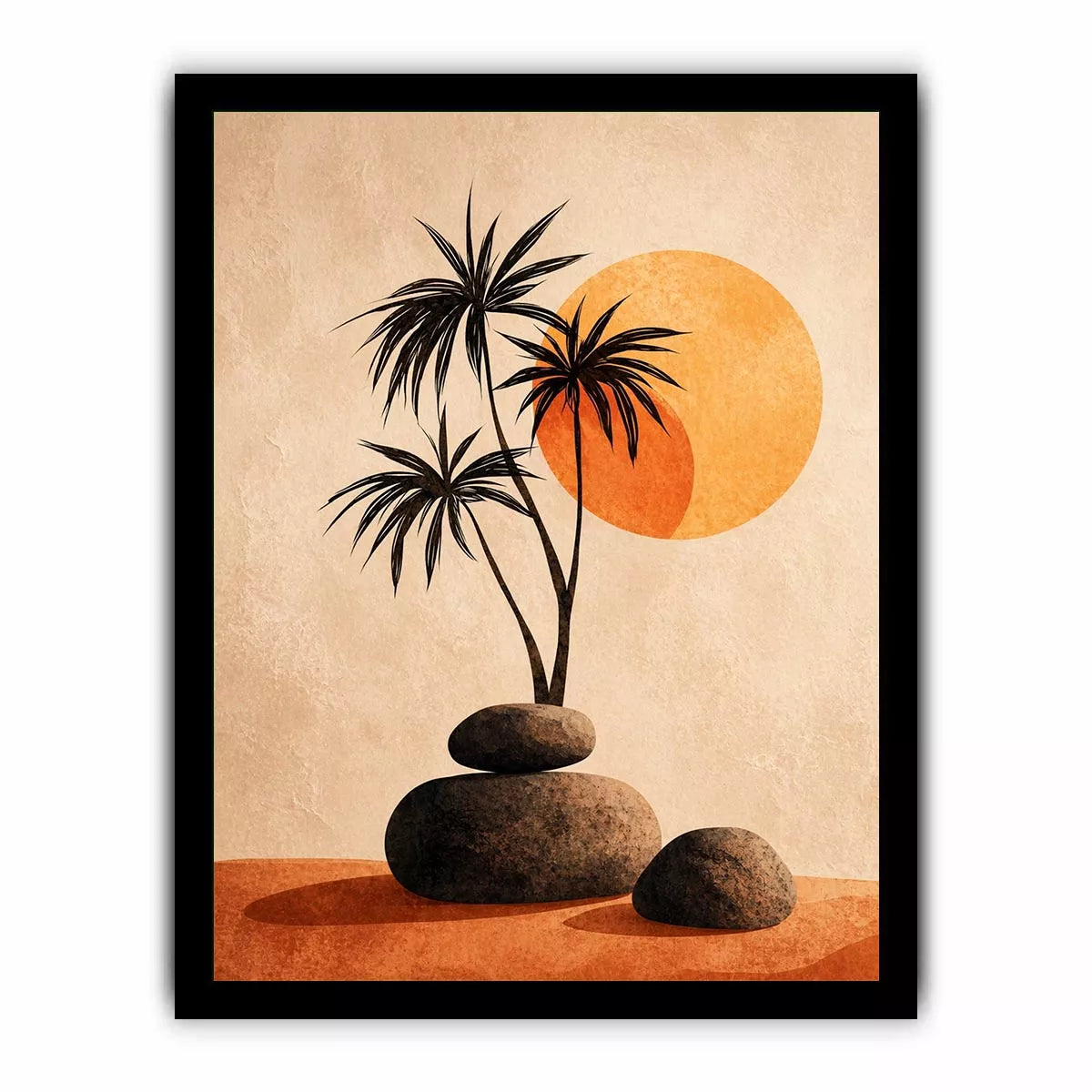 Minimalist desert sunset Canvas Print with palm trees and stones, boho neutral decor