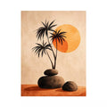 Minimalist desert sunset Canvas Print with palm trees and stones, boho neutral decor