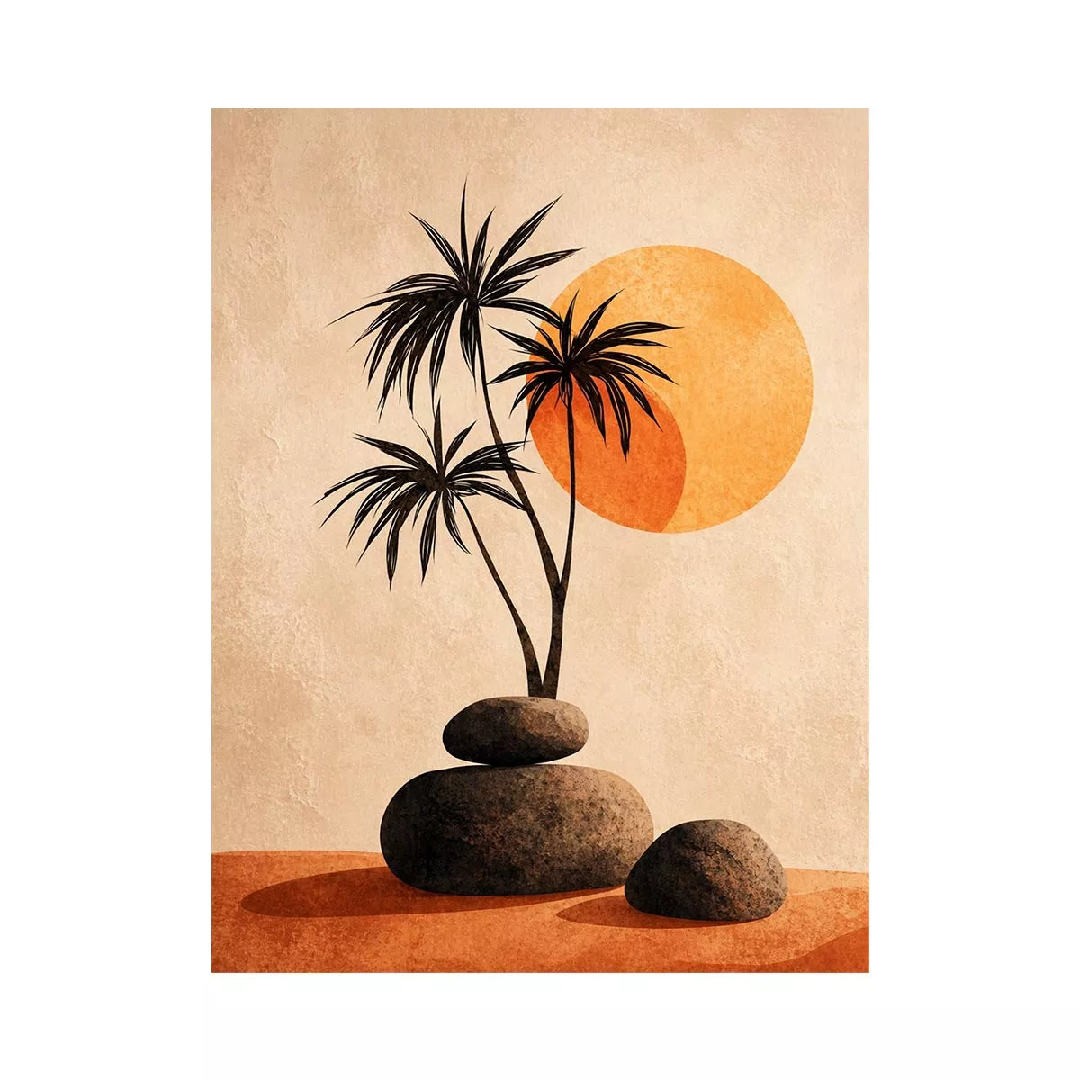 Minimalist desert sunset Canvas Print with palm trees and stones, boho neutral decor