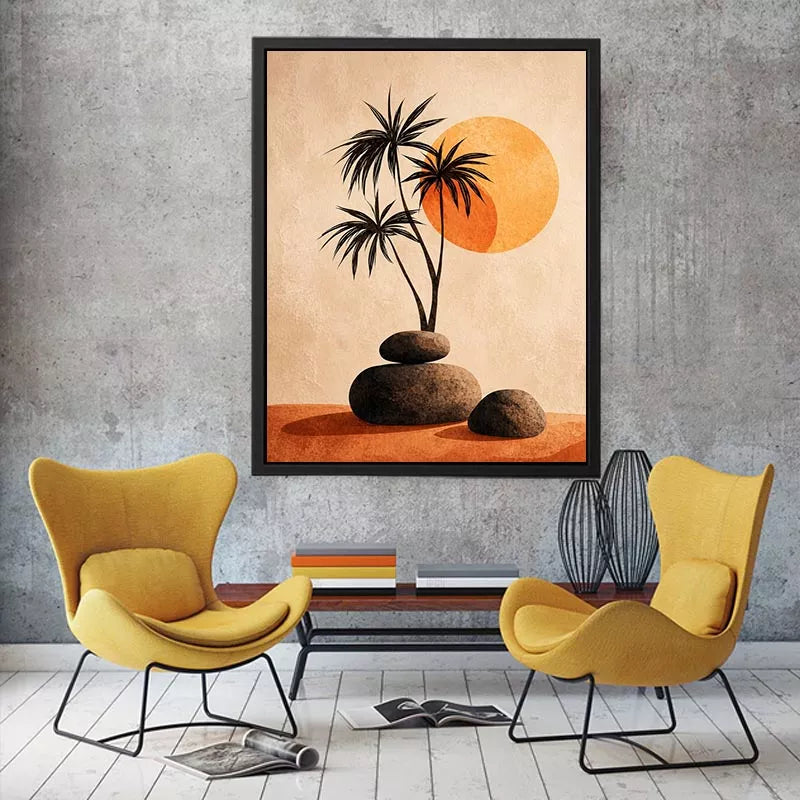 Minimalist desert sunset Canvas Print with palm trees and stones, boho neutral decor