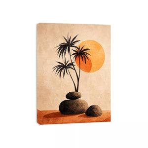 Minimalist desert sunset Canvas Print with palm trees and stones, boho neutral decor