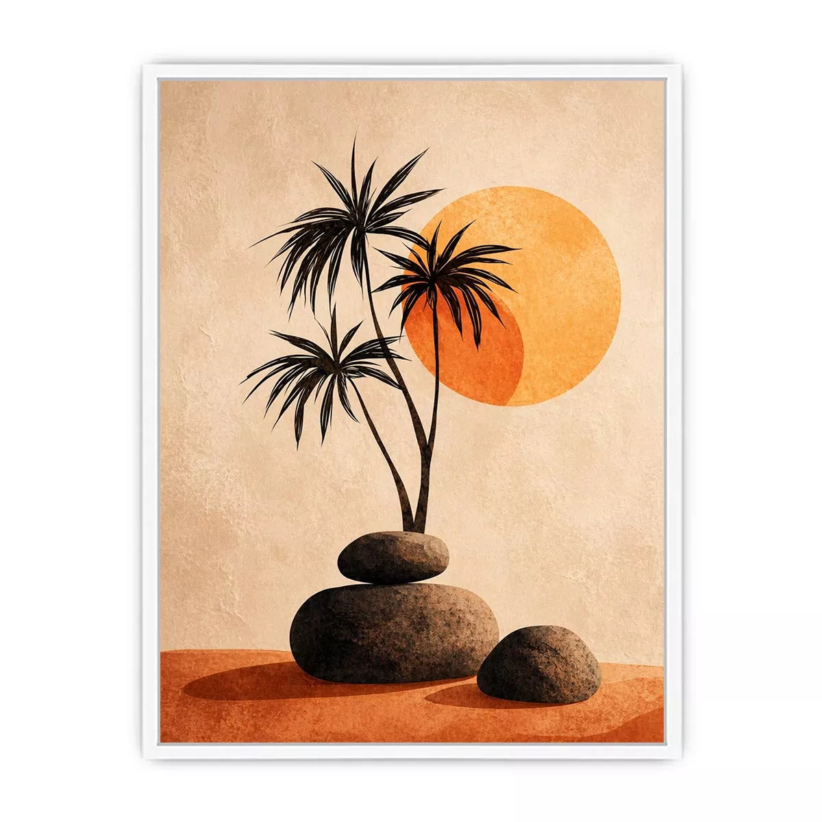 Minimalist desert sunset Canvas Print with palm trees and stones, boho neutral decor