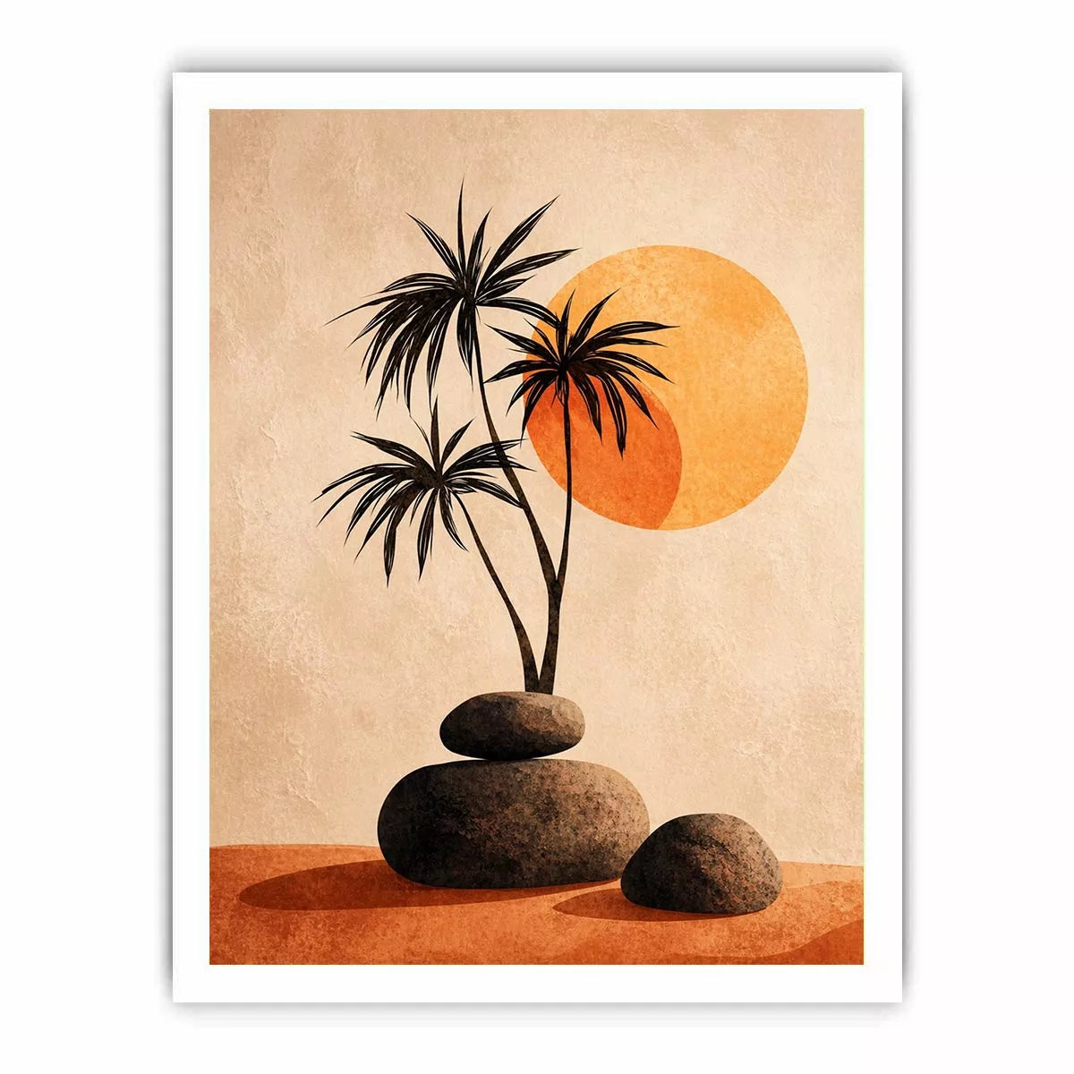 Minimalist desert sunset Canvas Print with palm trees and stones, boho neutral decor