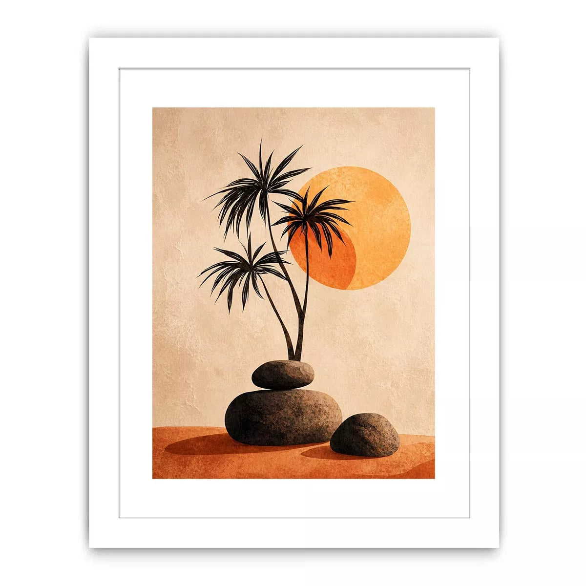 Minimalist desert sunset Canvas Print with palm trees and stones, boho neutral decor
