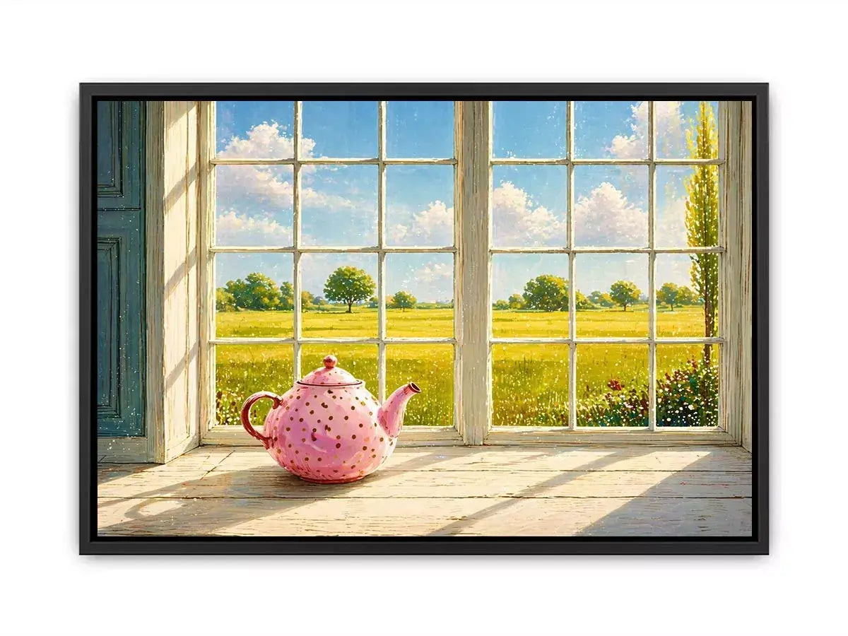 Sunlit window teapot painting with countryside view, cozy cottage kitchen Canvas Print