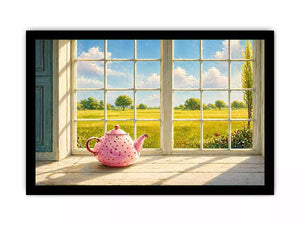 Sunlit window teapot painting with countryside view, cozy cottage kitchen Canvas Print
