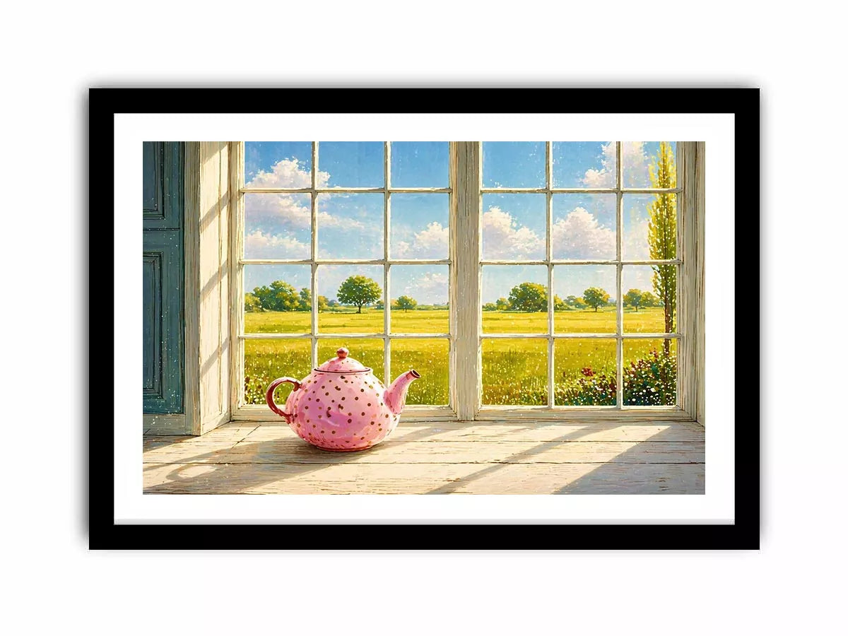 Sunlit window teapot painting with countryside view, cozy cottage kitchen Canvas Print