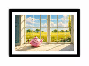 Sunlit window teapot painting with countryside view, cozy cottage kitchen Canvas Print