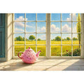 Sunlit window teapot painting with countryside view, cozy cottage kitchen Canvas Print
